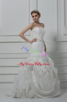 Ideal Strapless Sleeveless Fabric With Rolling Flowers Wedding Gowns Ruching Brush Train Lace Up