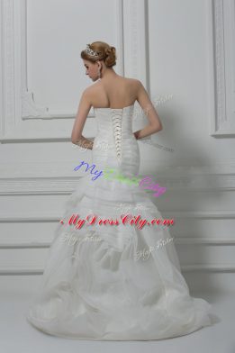 Ideal Strapless Sleeveless Fabric With Rolling Flowers Wedding Gowns Ruching Brush Train Lace Up