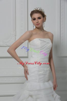 Ideal Strapless Sleeveless Fabric With Rolling Flowers Wedding Gowns Ruching Brush Train Lace Up