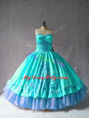 Low Price Aqua Blue Lace Up Quinceanera Gown Embroidery Sleeveless Floor Length