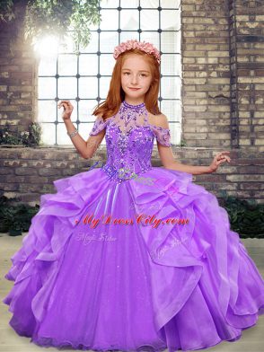 Sleeveless Organza Floor Length Lace Up Little Girls Pageant Dress Wholesale in Lavender with Beading and Ruffles