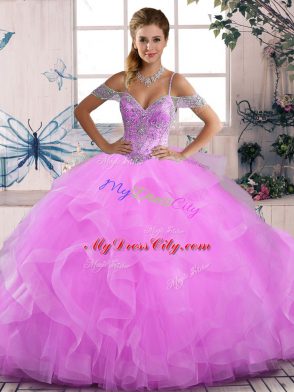 Beauteous Off The Shoulder Sleeveless Sweet 16 Dress Floor Length Beading and Ruffles Lilac Tulle