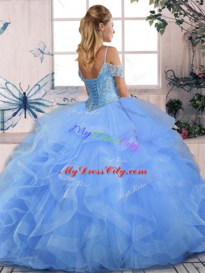 Beauteous Off The Shoulder Sleeveless Sweet 16 Dress Floor Length Beading and Ruffles Lilac Tulle