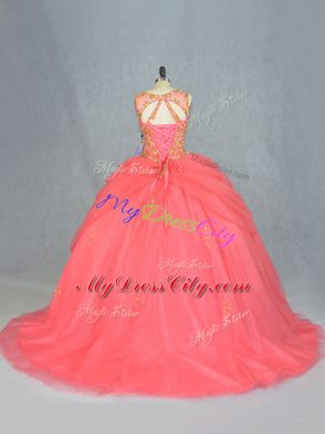 Sleeveless Brush Train Beading Lace Up Sweet 16 Dresses