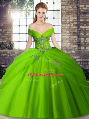 Luxurious Tulle Sleeveless Quince Ball Gowns Brush Train and Beading and Pick Ups