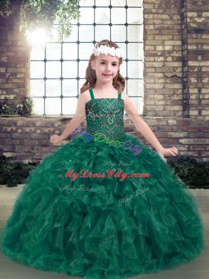 Dark Green Straps Neckline Beading and Ruffles Pageant Dress Toddler Sleeveless Lace Up