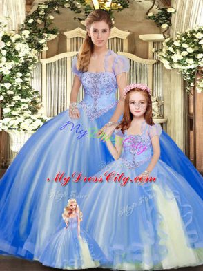 Sexy Blue Sweet 16 Dress Military Ball and Sweet 16 and Quinceanera with Beading and Ruffles Strapless Sleeveless Lace Up