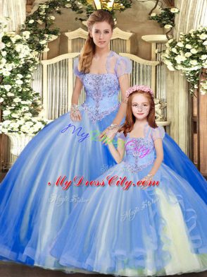 Sexy Blue Sweet 16 Dress Military Ball and Sweet 16 and Quinceanera with Beading and Ruffles Strapless Sleeveless Lace Up