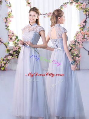 Cap Sleeves Floor Length Lace Lace Up Bridesmaids Dress with Grey