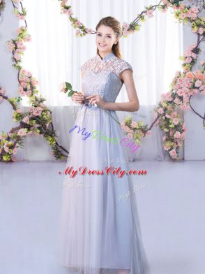 Cap Sleeves Floor Length Lace Lace Up Bridesmaids Dress with Grey