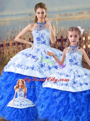 Discount Blue And White Organza Lace Up Quinceanera Gown Sleeveless Floor Length Court Train Embroidery and Ruffles