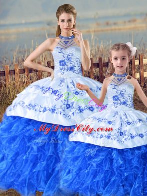 Discount Blue And White Organza Lace Up Quinceanera Gown Sleeveless Floor Length Court Train Embroidery and Ruffles