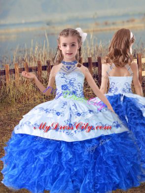 Discount Blue And White Organza Lace Up Quinceanera Gown Sleeveless Floor Length Court Train Embroidery and Ruffles