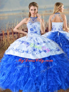 Discount Blue And White Organza Lace Up Quinceanera Gown Sleeveless Floor Length Court Train Embroidery and Ruffles