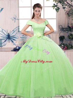 Modern Off The Shoulder Short Sleeves Tulle Quinceanera Gowns Lace and Hand Made Flower Lace Up