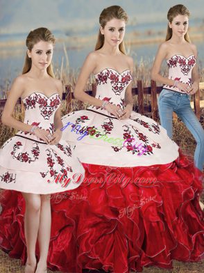 Fancy White And Red Organza Lace Up Quinceanera Gown Sleeveless Floor Length Embroidery and Ruffles and Bowknot