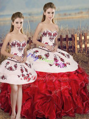 Fancy White And Red Organza Lace Up Quinceanera Gown Sleeveless Floor Length Embroidery and Ruffles and Bowknot