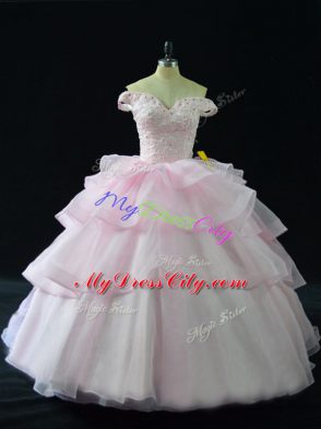 Pink Organza Lace Up Vestidos de Quinceanera Sleeveless Brush Train Beading and Ruffled Layers