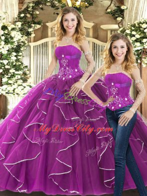 Comfortable Purple Tulle Lace Up Strapless Sleeveless Ball Gown Prom Dress Beading and Ruffles