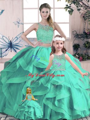 Flirting Floor Length Turquoise 15 Quinceanera Dress Tulle Sleeveless Beading and Lace and Ruffles