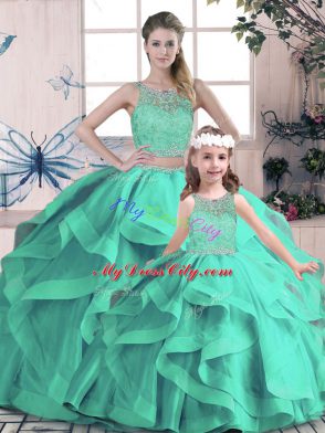 Flirting Floor Length Turquoise 15 Quinceanera Dress Tulle Sleeveless Beading and Lace and Ruffles