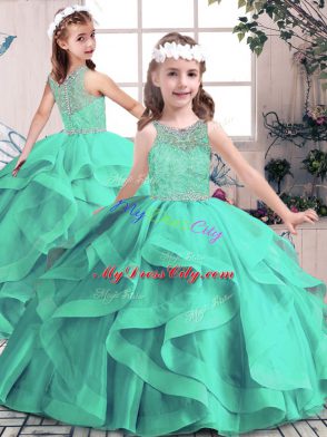 Flirting Floor Length Turquoise 15 Quinceanera Dress Tulle Sleeveless Beading and Lace and Ruffles