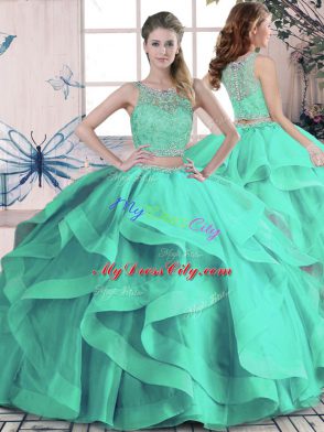 Flirting Floor Length Turquoise 15 Quinceanera Dress Tulle Sleeveless Beading and Lace and Ruffles