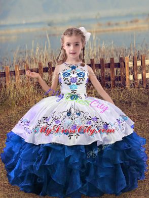 Pretty Blue Ball Gowns Scoop Sleeveless Organza Floor Length Lace Up Embroidery and Ruffles Little Girls Pageant Dress Wholesale