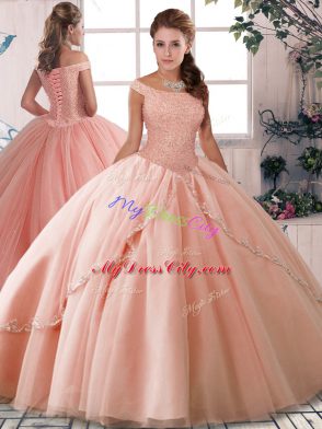 Popular Sleeveless Brush Train Lace Up Beading 15th Birthday Dress