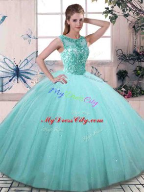 Clearance Tulle Scoop Sleeveless Lace Up Beading Vestidos de Quinceanera in Aqua Blue