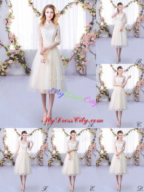 Fitting High-neck Half Sleeves Lace Up Wedding Party Dress Champagne Tulle