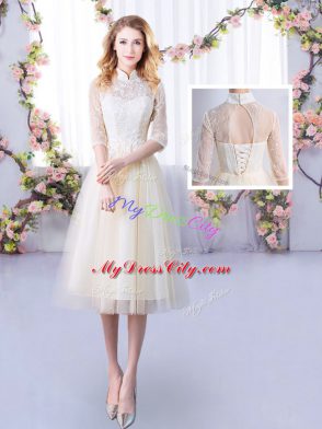 Fitting High-neck Half Sleeves Lace Up Wedding Party Dress Champagne Tulle