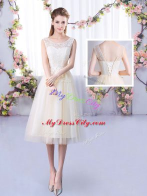 Fitting High-neck Half Sleeves Lace Up Wedding Party Dress Champagne Tulle