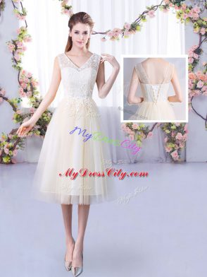 Fitting High-neck Half Sleeves Lace Up Wedding Party Dress Champagne Tulle