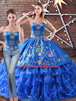 Sophisticated Floor Length Blue Quinceanera Dress Organza Sleeveless Embroidery