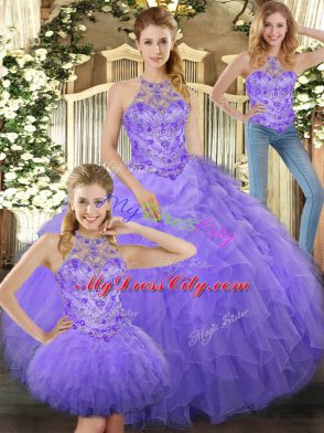 Smart Lavender Three Pieces Halter Top Sleeveless Tulle Floor Length Lace Up Beading and Ruffles Sweet 16 Dress