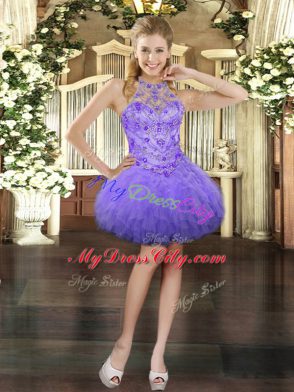 Smart Lavender Three Pieces Halter Top Sleeveless Tulle Floor Length Lace Up Beading and Ruffles Sweet 16 Dress