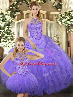 Smart Lavender Three Pieces Halter Top Sleeveless Tulle Floor Length Lace Up Beading and Ruffles Sweet 16 Dress