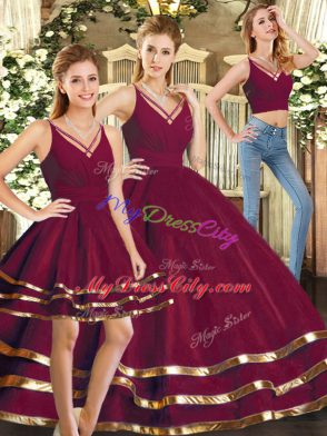 V-neck Sleeveless Backless Sweet 16 Quinceanera Dress Burgundy Tulle