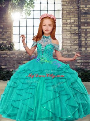 Best Turquoise Kids Formal Wear Party and Wedding Party with Beading and Ruffles High-neck Sleeveless Lace Up