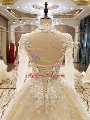 Most Popular Lace Up Wedding Dresses White for Wedding Party with Appliques Court Train