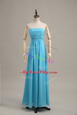 Floor Length Zipper Evening Dress Baby Blue for Prom with Ruching