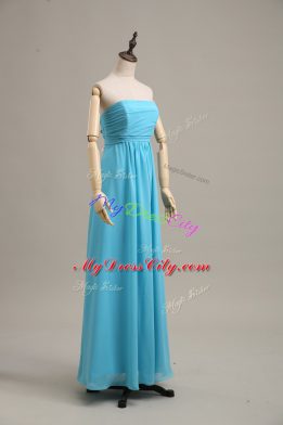 Floor Length Zipper Evening Dress Baby Blue for Prom with Ruching