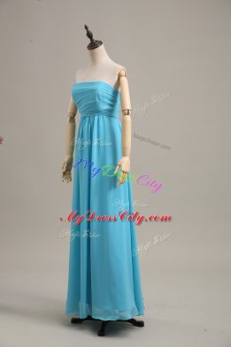 Floor Length Zipper Evening Dress Baby Blue for Prom with Ruching