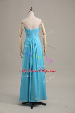 Floor Length Zipper Evening Dress Baby Blue for Prom with Ruching