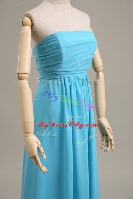 Floor Length Zipper Evening Dress Baby Blue for Prom with Ruching