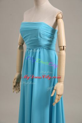 Floor Length Zipper Evening Dress Baby Blue for Prom with Ruching