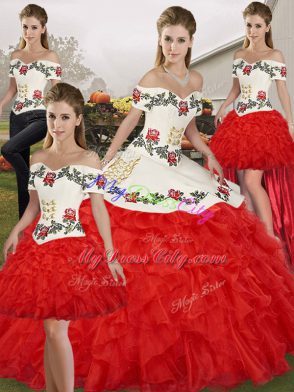 Edgy White And Red Ball Gowns Off The Shoulder Sleeveless Organza Floor Length Lace Up Embroidery and Ruffles Quinceanera Gowns