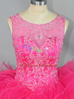 Floor Length Lace Up 15th Birthday Dress Hot Pink for Sweet 16 and Quinceanera with Beading and Ruffles