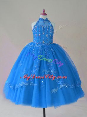 Blue Child Pageant Dress Wedding Party with Beading and Appliques High-neck Sleeveless Lace Up